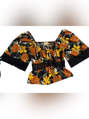 Floral Off-Shoulder Peplum Top with Lace Trim - Black/Orange/Yellow